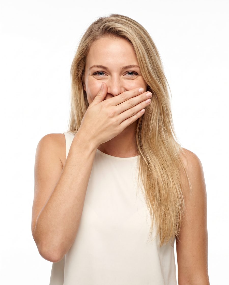 A woman with her hand over her mouth, caught out and amused.